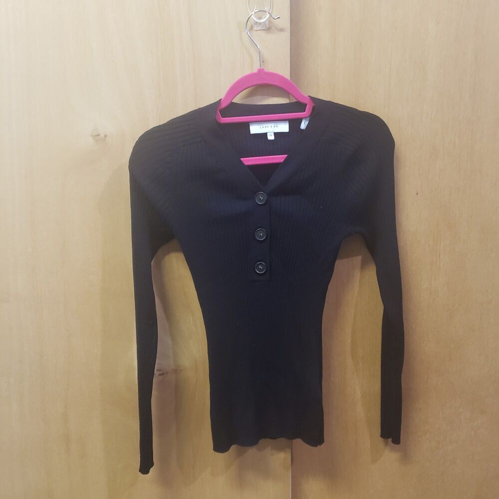 LARK & RO V Neck Ribbed Knit Half Button Long Sleeve Top in Black Sz XS DDD